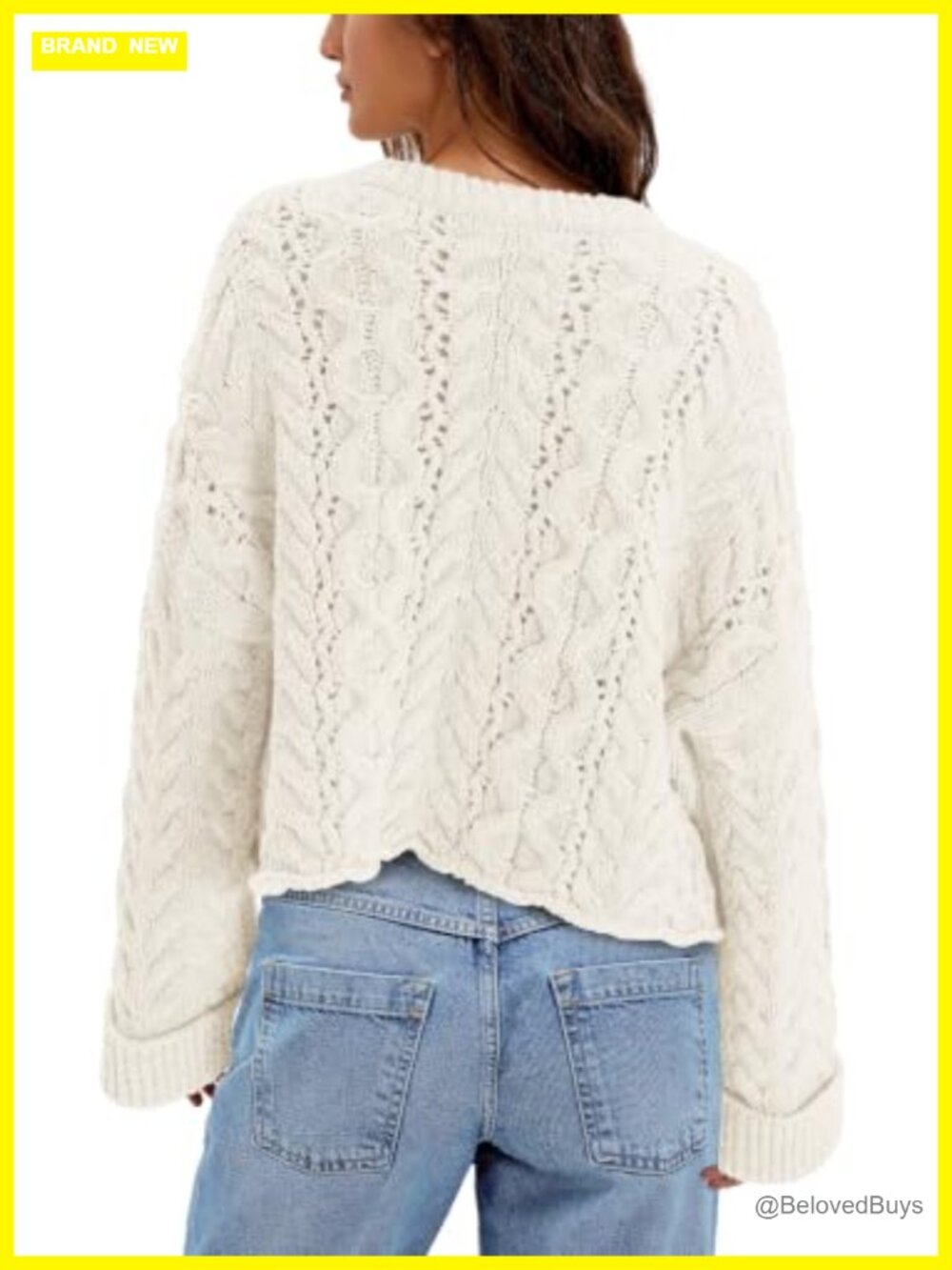 Oversized Cable Knit Bell Sleeve Sweater Cropped Pullover Fall Winter - Picture 3 of 4